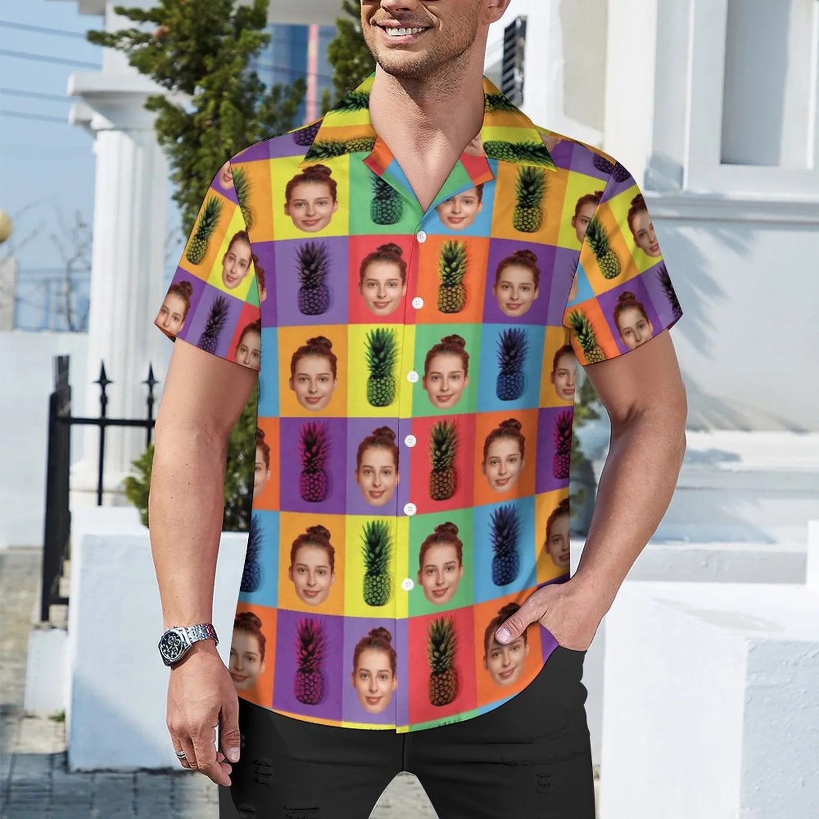 Custom Face Pineapple Colors Squares Men's Lapel Shirt Cuban Collar Hawaiian Shirt