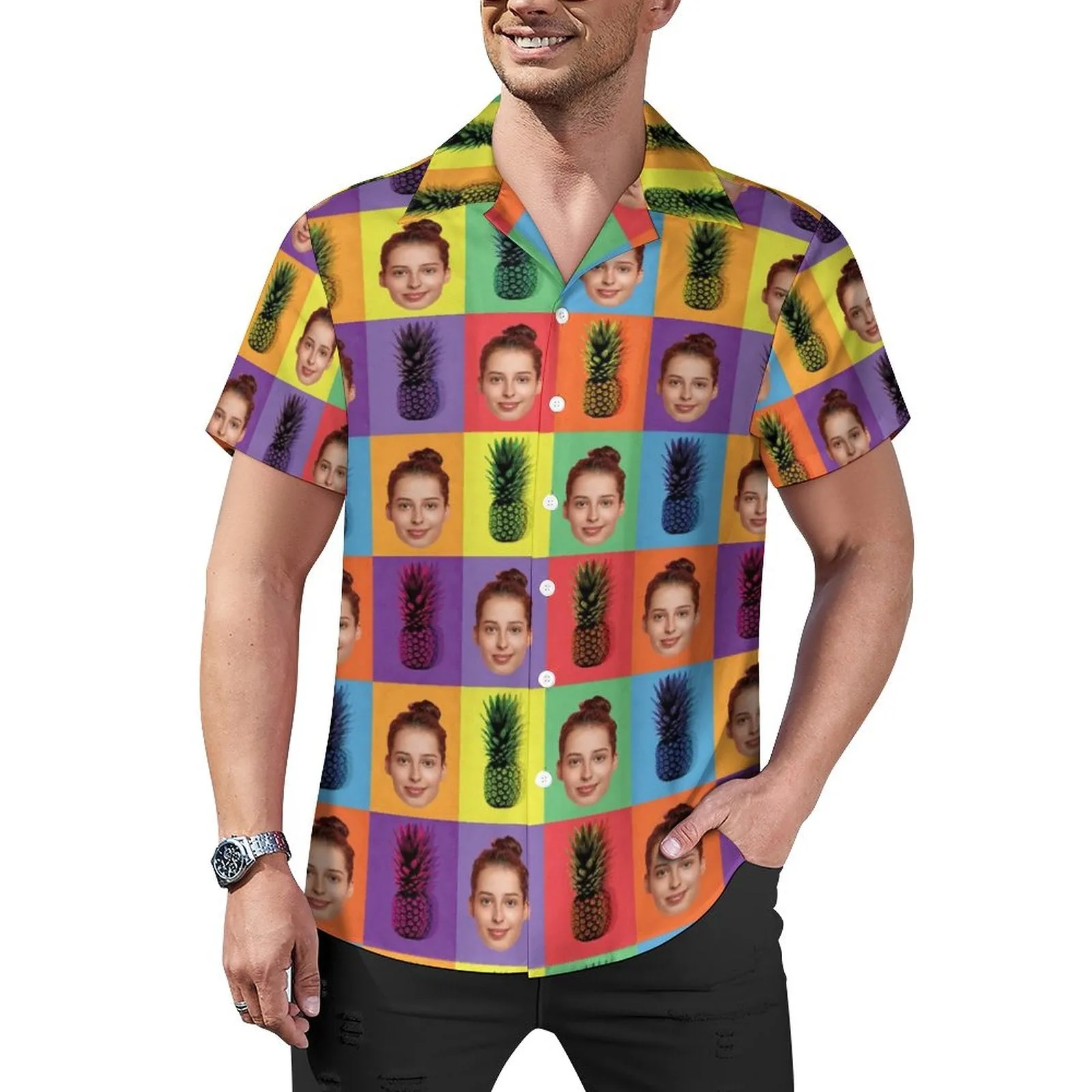 Custom Face Pineapple Colors Squares Men's Lapel Shirt Cuban Collar Hawaiian Shirt