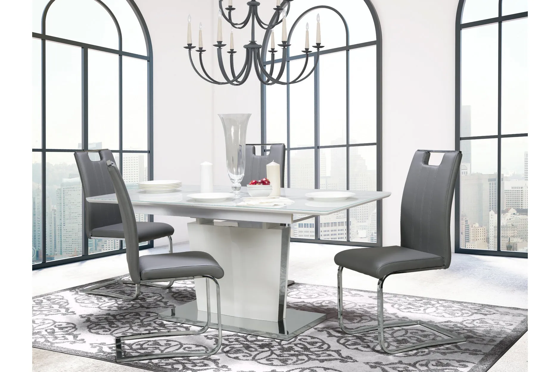 Cynthia 5 Piece Dining Set with Zane Chair in Grey Leather