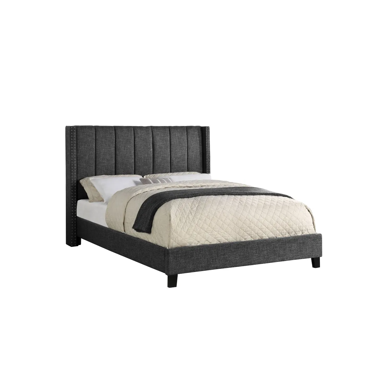 Dark Grey Upholstered Full Size Platform Bed with Padded Headboard and Nailhead Trim