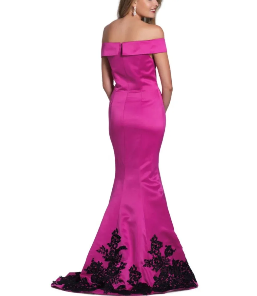 Dave & Johnny Off-Shoulder Bodycon Zipper Back Embellished Solid Mermaid Crepe Gown