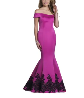 Dave & Johnny Off-Shoulder Bodycon Zipper Back Embellished Solid Mermaid Crepe Gown