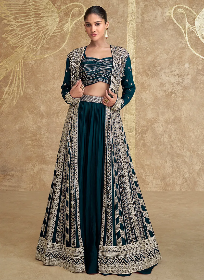 Deep Turquoise Embroidery Festive Jacket Style Lehenga