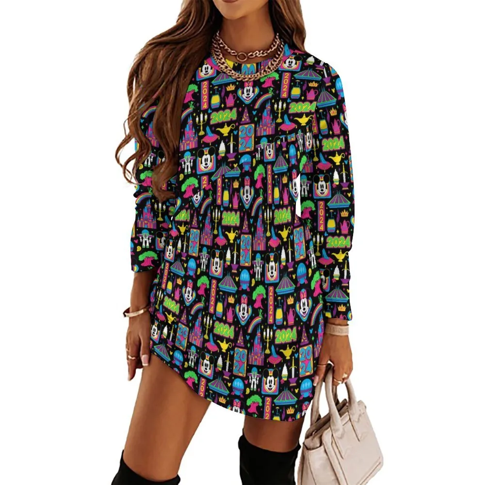 Disney 2024 Dark Long Sleeve Patchwork T-shirt Dress