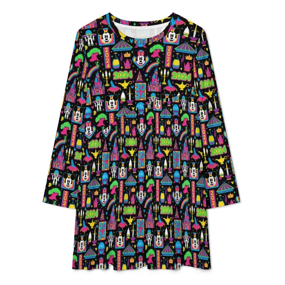 Disney 2024 Dark Long Sleeve Patchwork T-shirt Dress