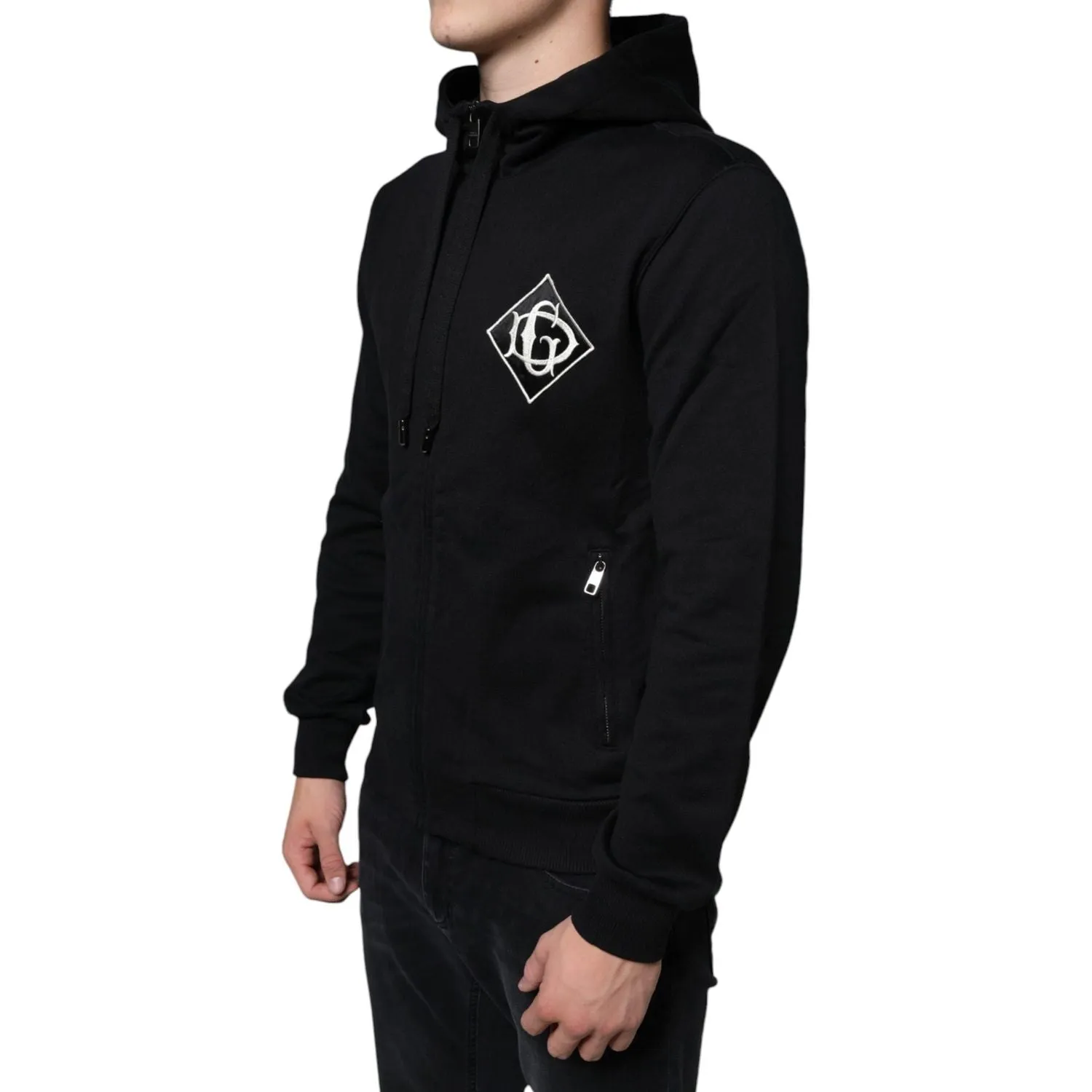 Dolce & Gabbana Black Cotton Hooded Logo Full Zip Sweater