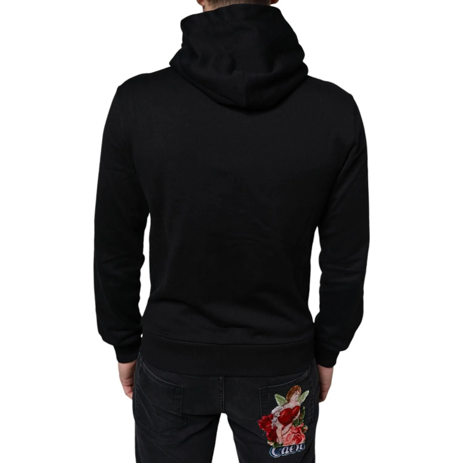 Dolce & Gabbana Black Cotton Hooded Logo Full Zip Sweater