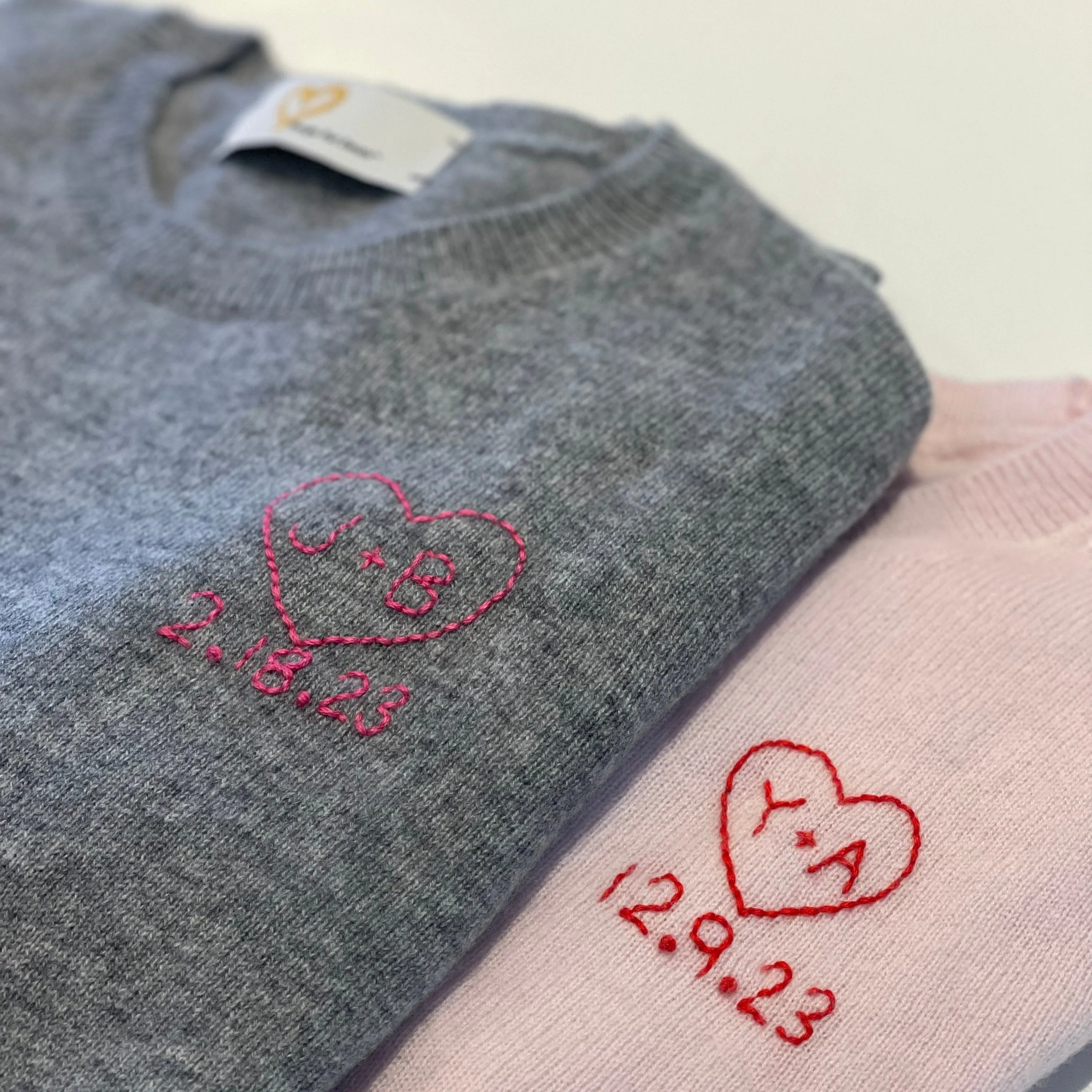 DTD Long Sleeve Cashmere Sweater with Custom Hand Embroidered Heart & Date