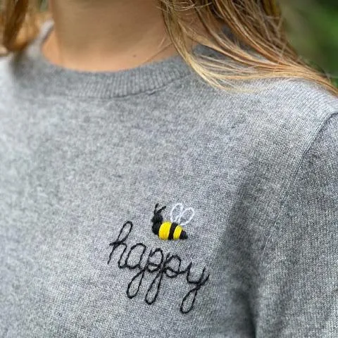 DTD Long Sleeve Heather Grey Cashmere Sweater with Hand Embroidered Bee Happy/Kind/Grateful