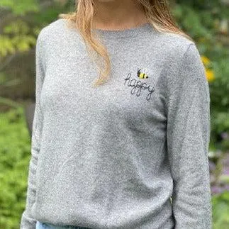 DTD Long Sleeve Heather Grey Cashmere Sweater with Hand Embroidered Bee Happy/Kind/Grateful