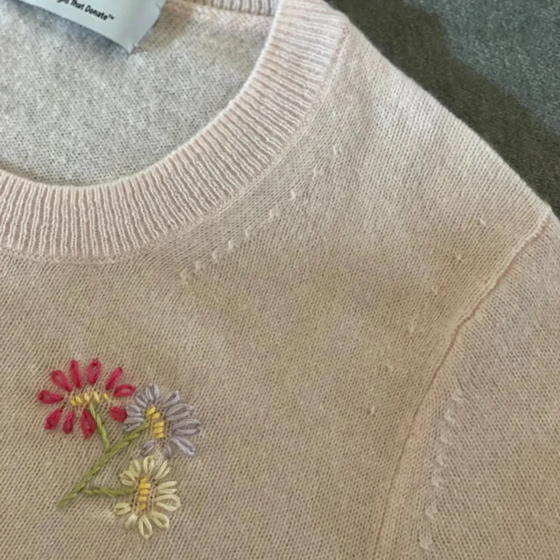 DTD Short Sleeve Cashmere Sweater with Hand Embroidered Florals