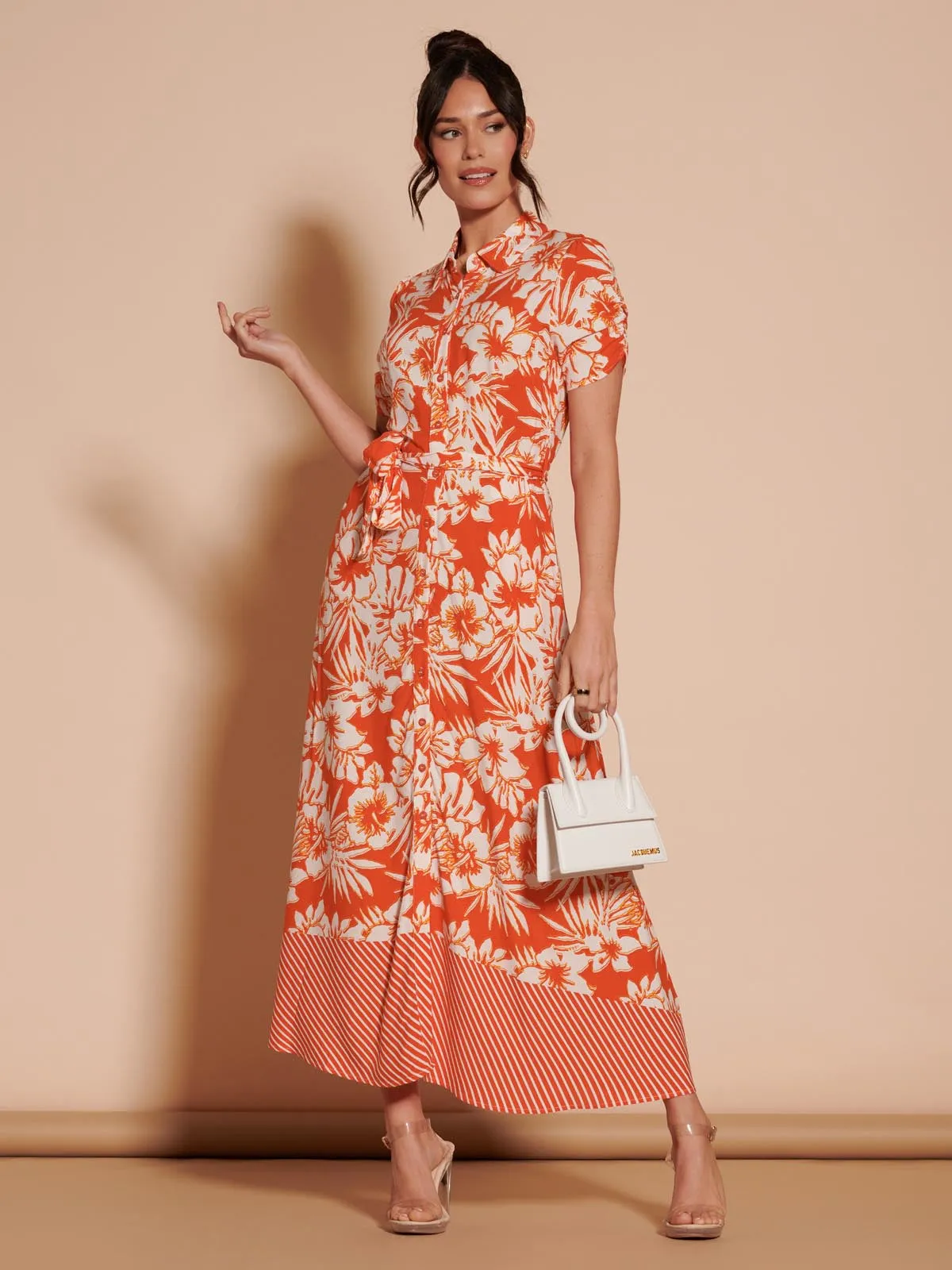 Elsie Floral Viscose Shirt Maxi Dress, Orange Multi