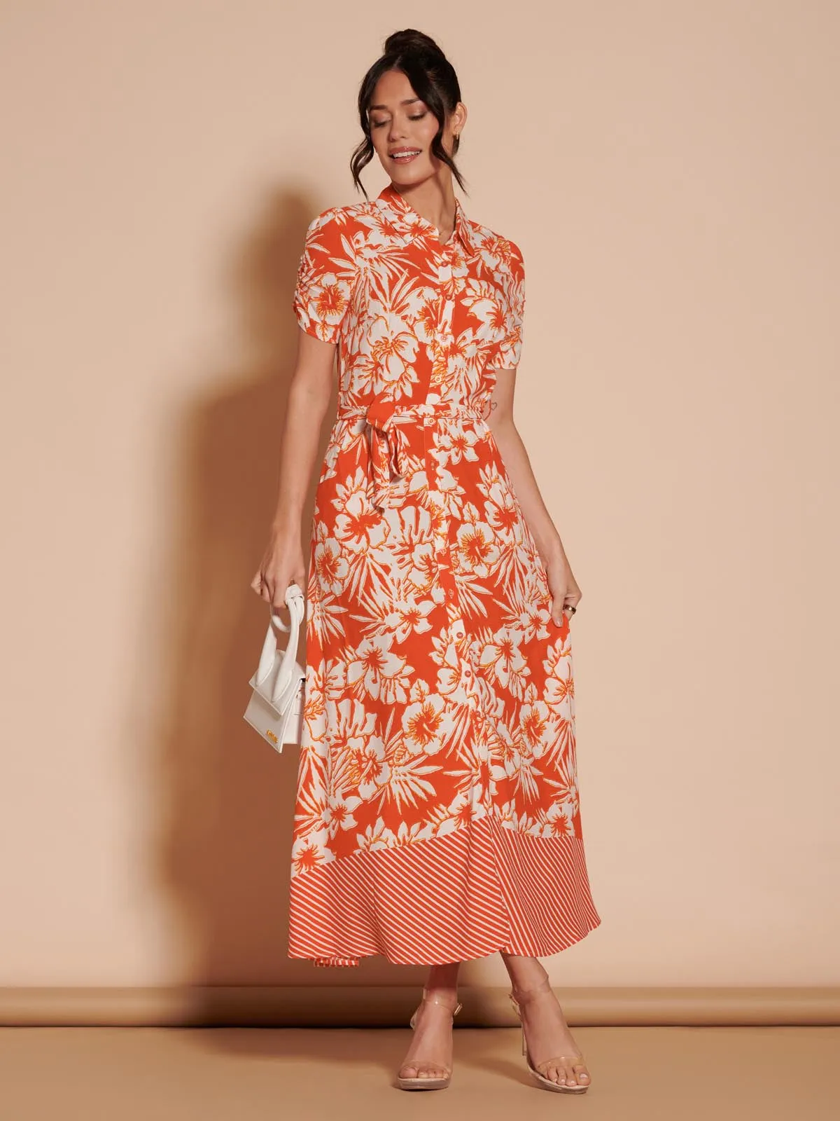 Elsie Floral Viscose Shirt Maxi Dress, Orange Multi