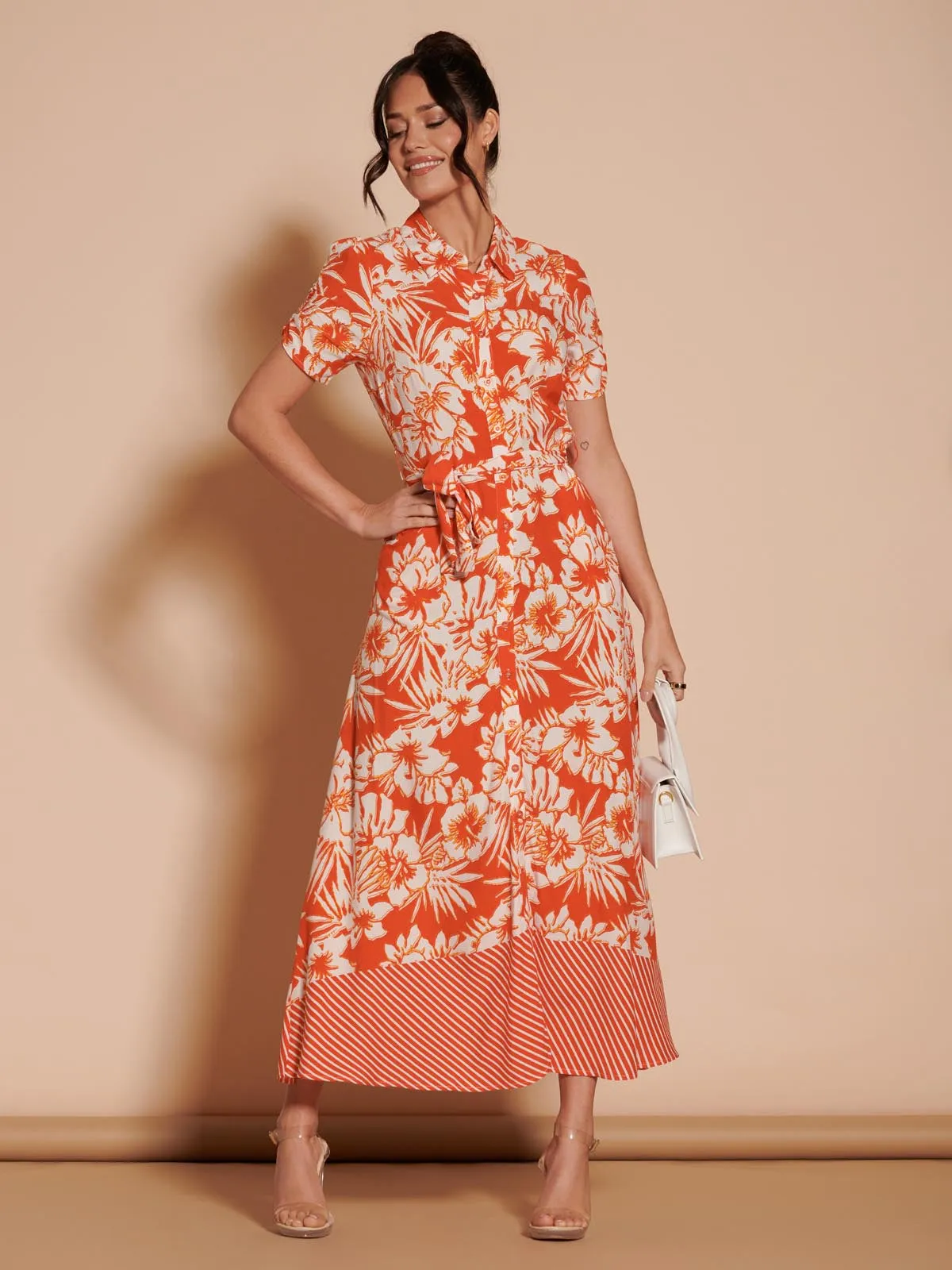 Elsie Floral Viscose Shirt Maxi Dress, Orange Multi