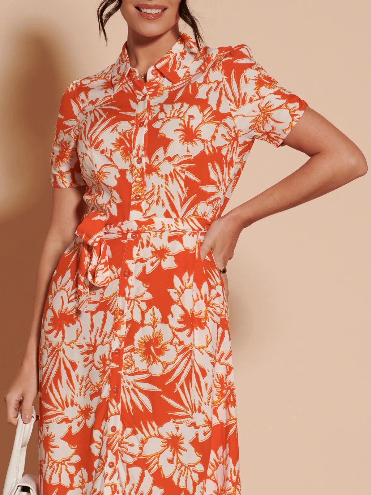 Elsie Floral Viscose Shirt Maxi Dress, Orange Multi