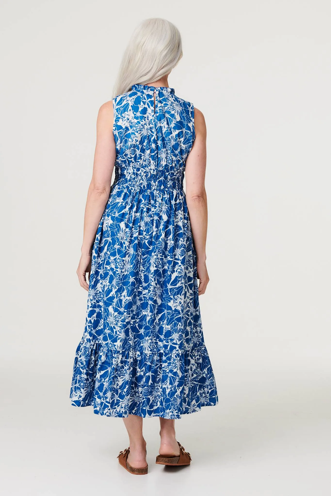 Floral High Neck Shirred Midi Dress