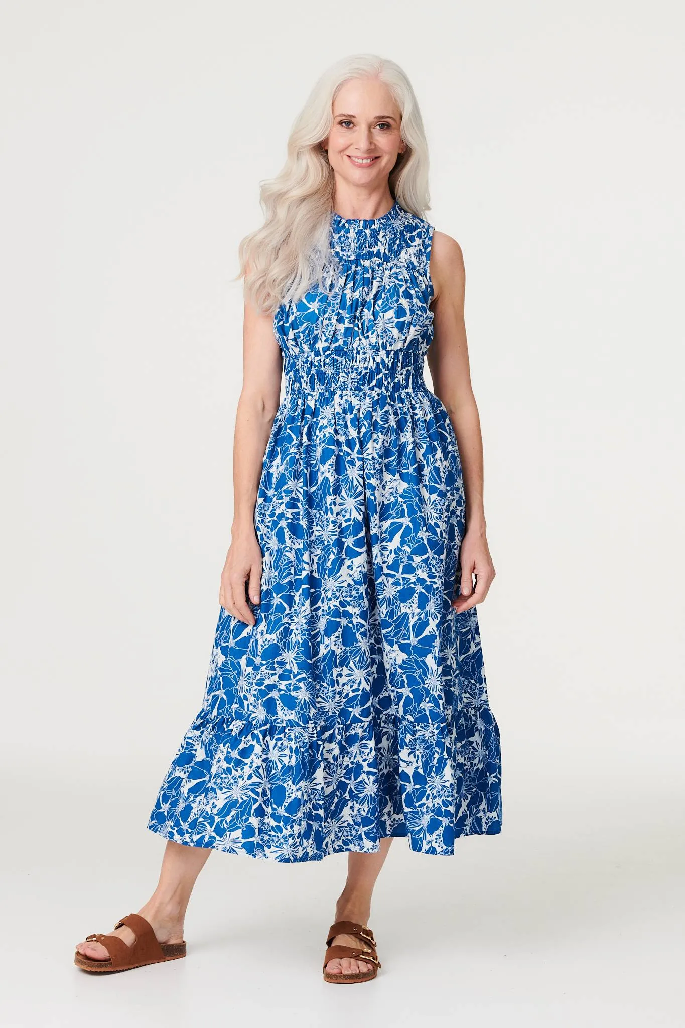 Floral High Neck Shirred Midi Dress