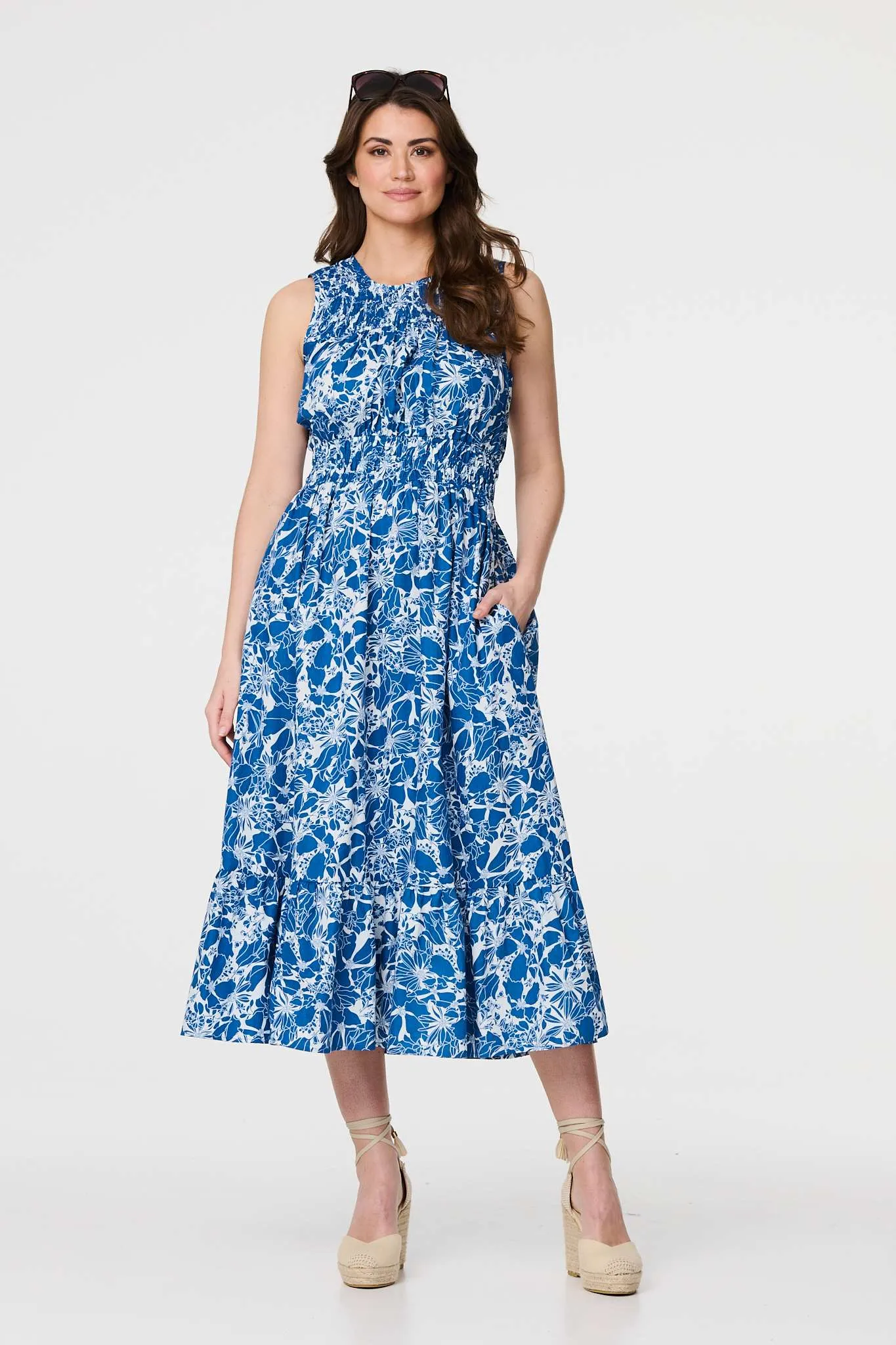 Floral High Neck Shirred Midi Dress