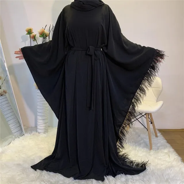 Fringe Tassel Trim Belted Abaya Dress