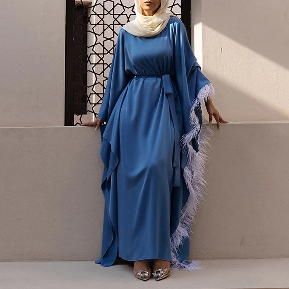 Fringe Tassel Trim Belted Abaya Dress