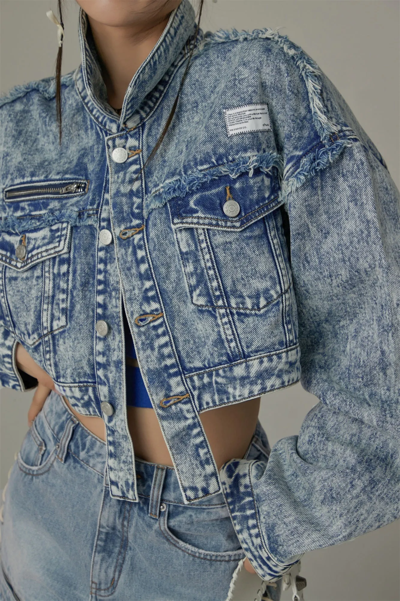 Fringe Trim Denim Cropped Jacket