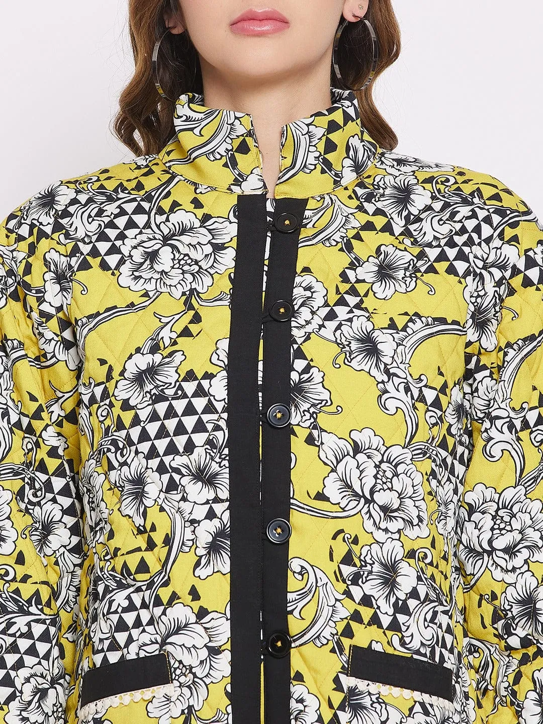 Geometric Floral Mustard Patterned Quilted Crop Jacket