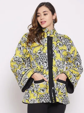 Geometric Floral Mustard Patterned Quilted Crop Jacket