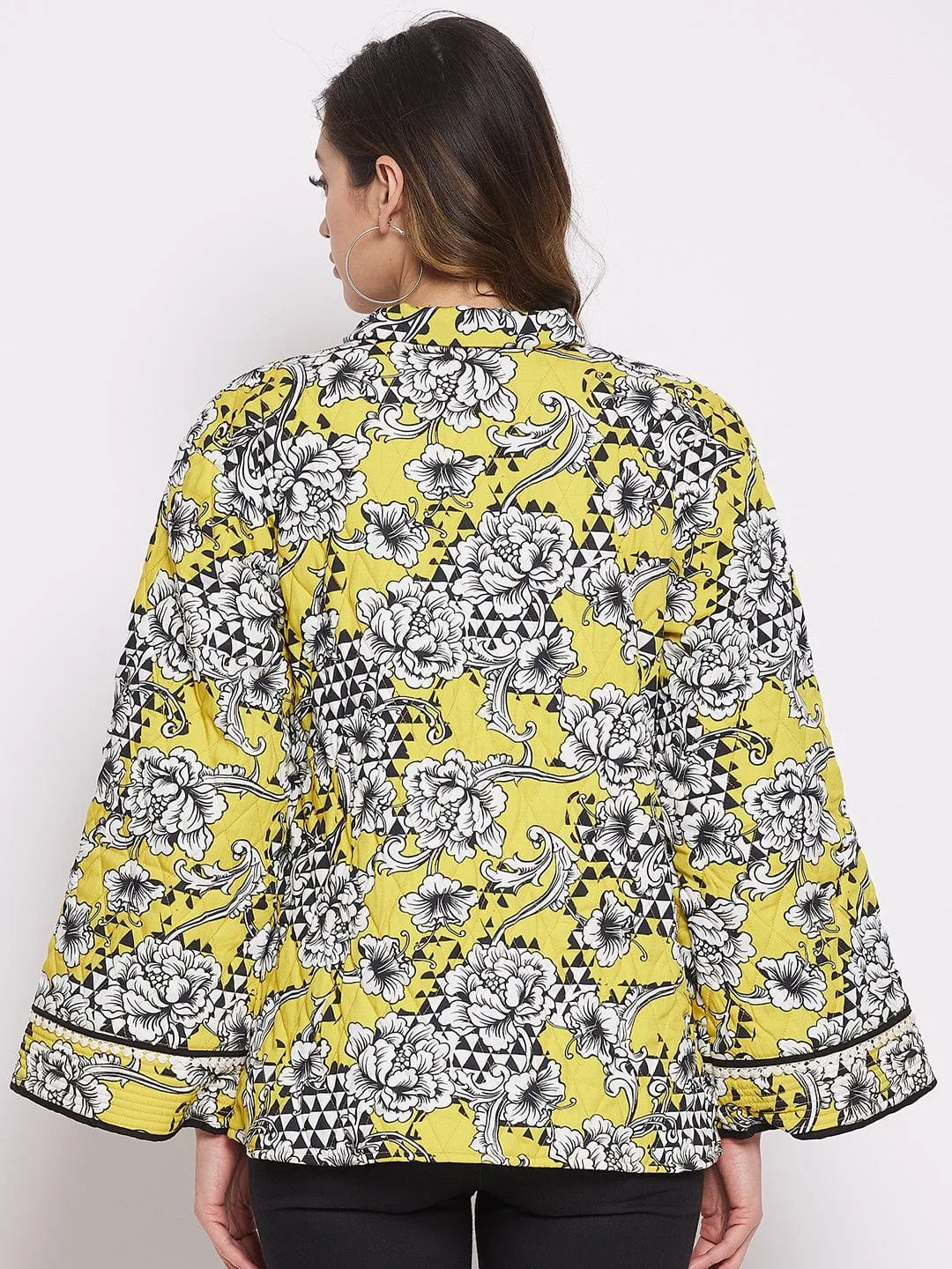 Geometric Floral Mustard Patterned Quilted Crop Jacket