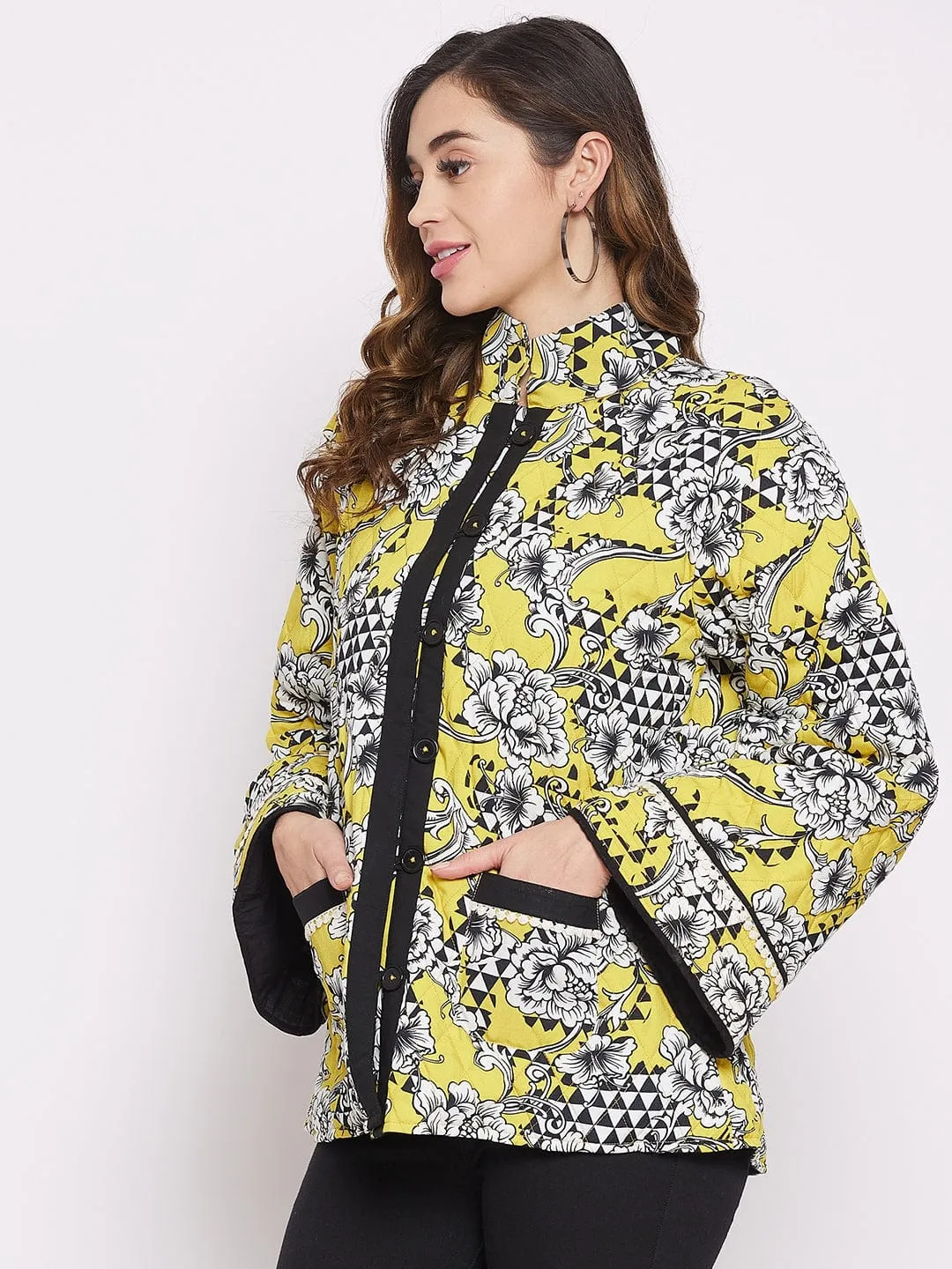 Geometric Floral Mustard Patterned Quilted Crop Jacket