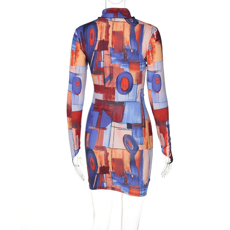 Geometric Print Mesh Bodycon Long Sleeve Dress