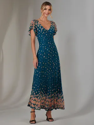 Gina Mirrored Print Mesh Maxi Dress, Teal Multi