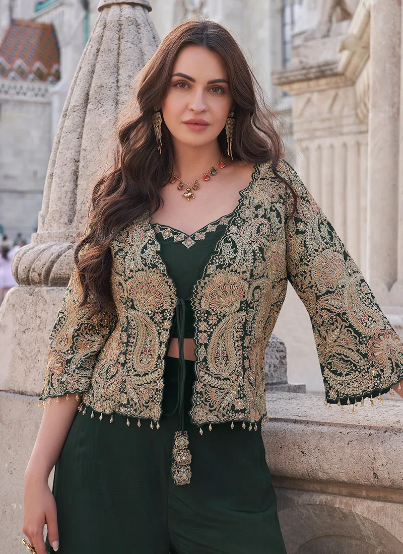 Green Embroidered Jacket Style Designer Palazzo Suit