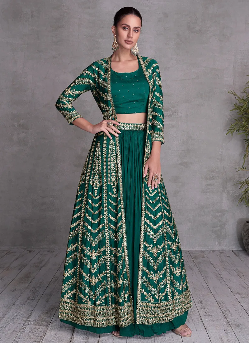 Green Golden Embroidered Lehenga Choli With Jacket