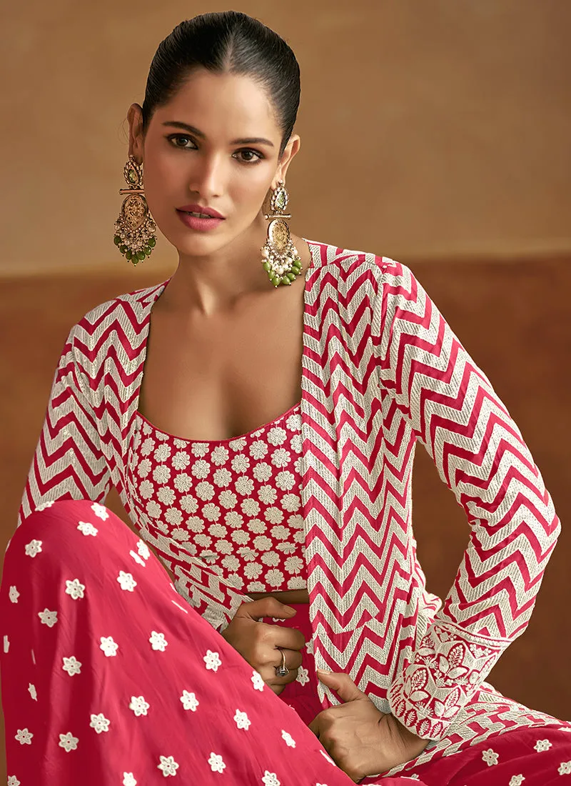 Hot Pink Embroidered Jacket Style Lehenga Choli