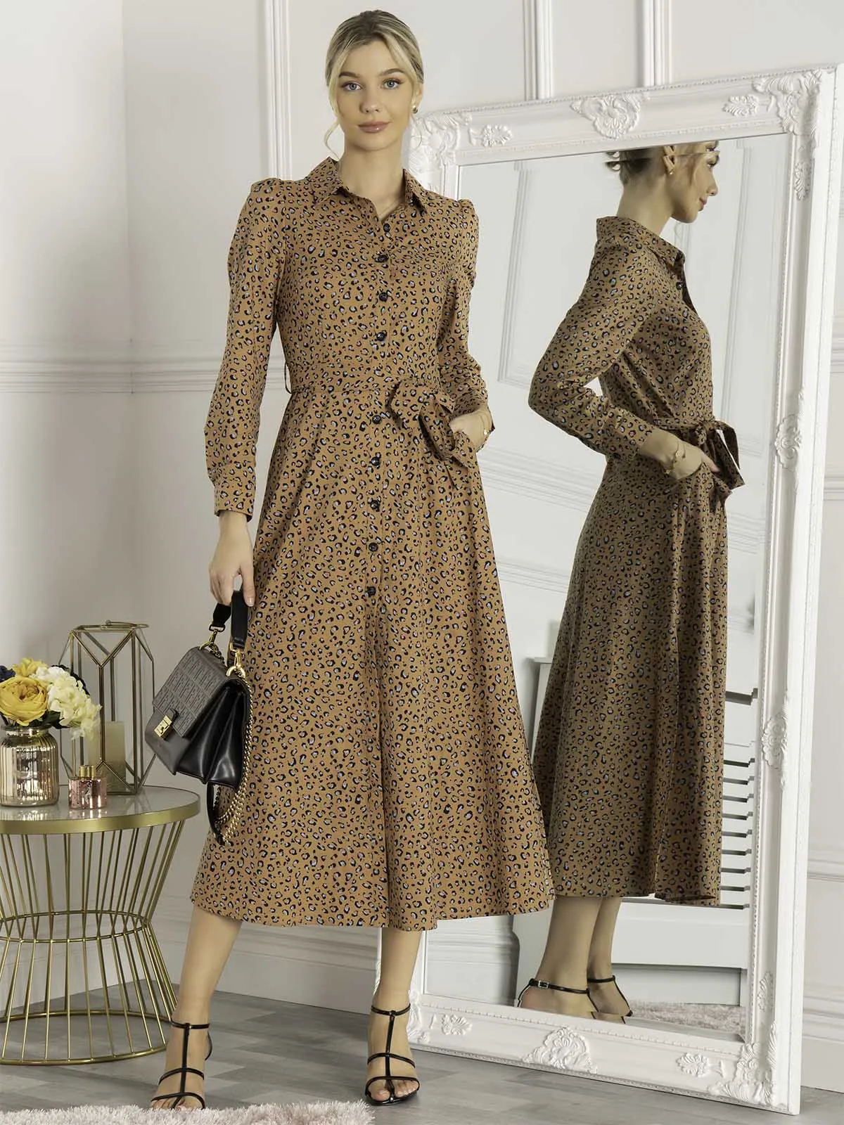 Jolie Moi Vihana Shirt Maxi Dress, Camel Animal