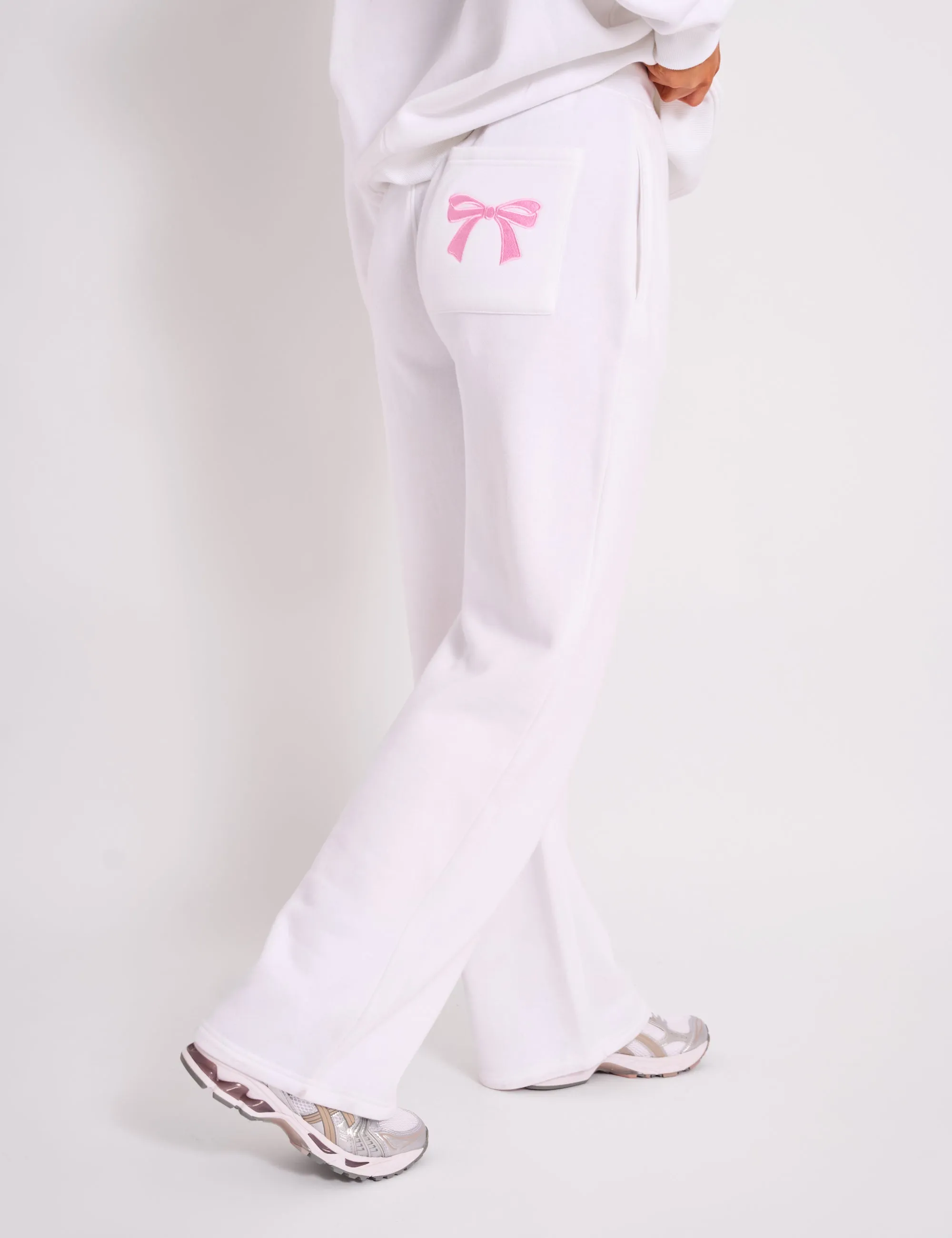 Kaiia Bow Embroidered Ribbed Waistband Wide Leg Joggers White & Pink