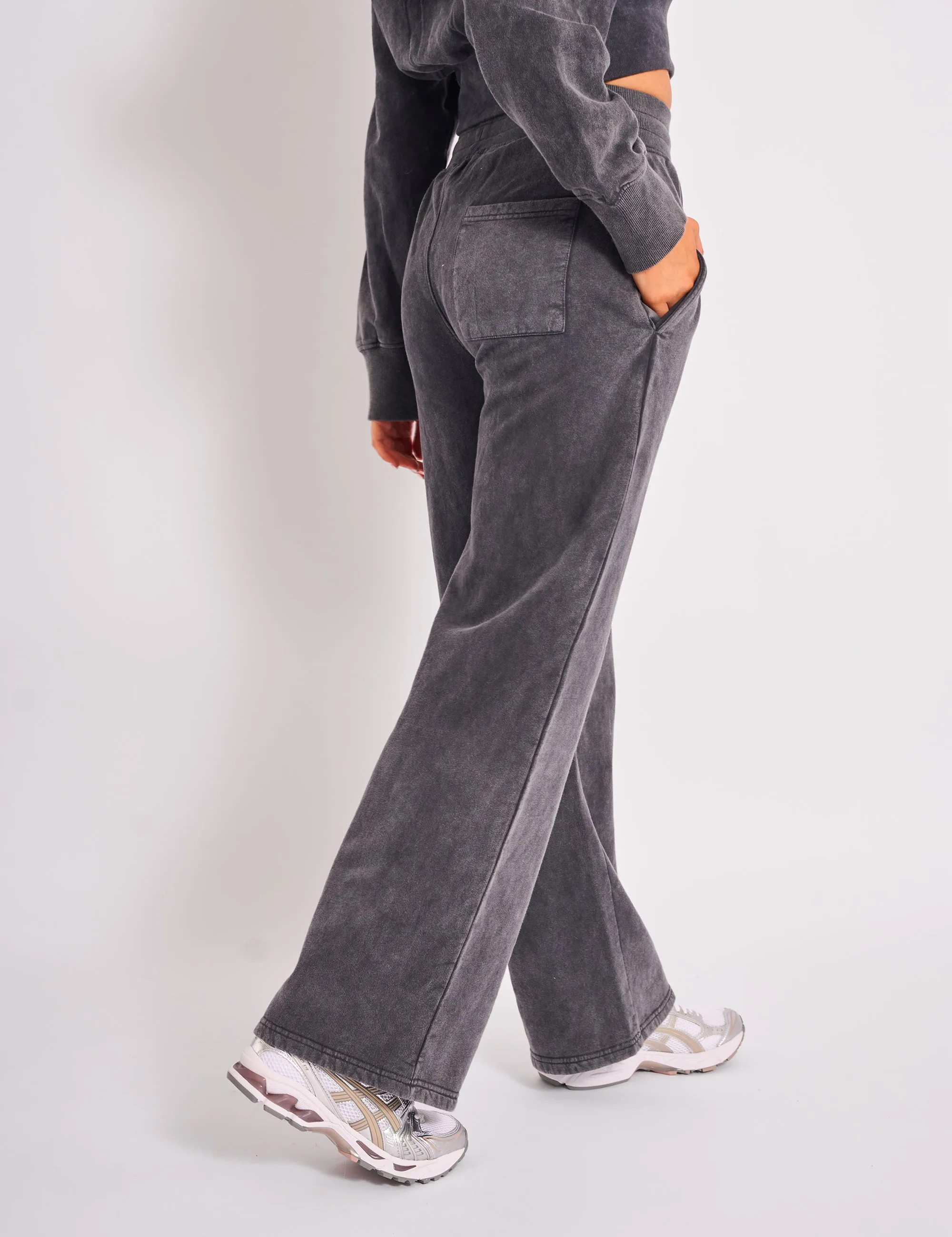 Kaiia Ribbed Waistband Wide Leg Sweat Pants Washed Dark Grey & Pink