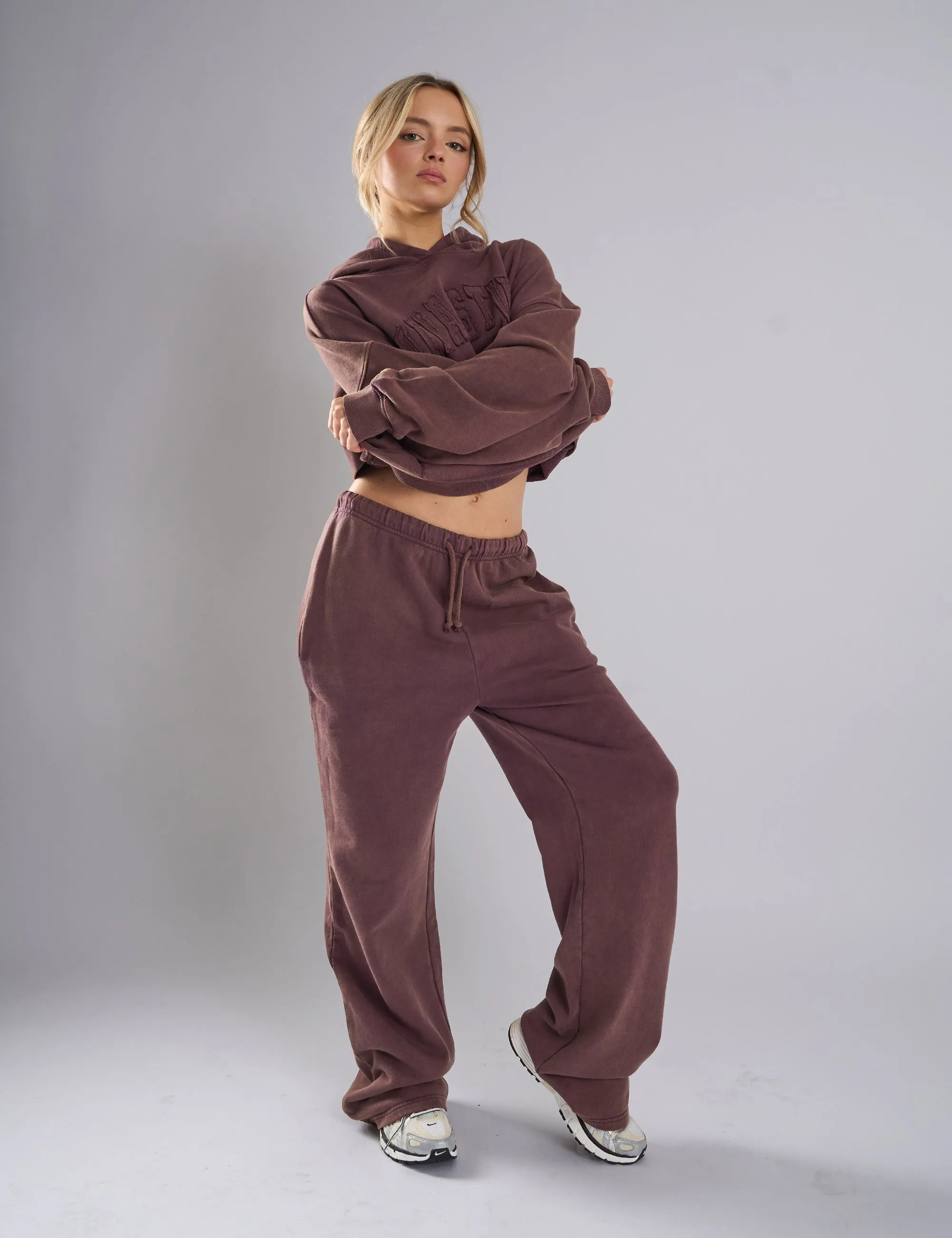 Kaiia Studio Distressed Applique Wide Leg Sweat Pants Plum