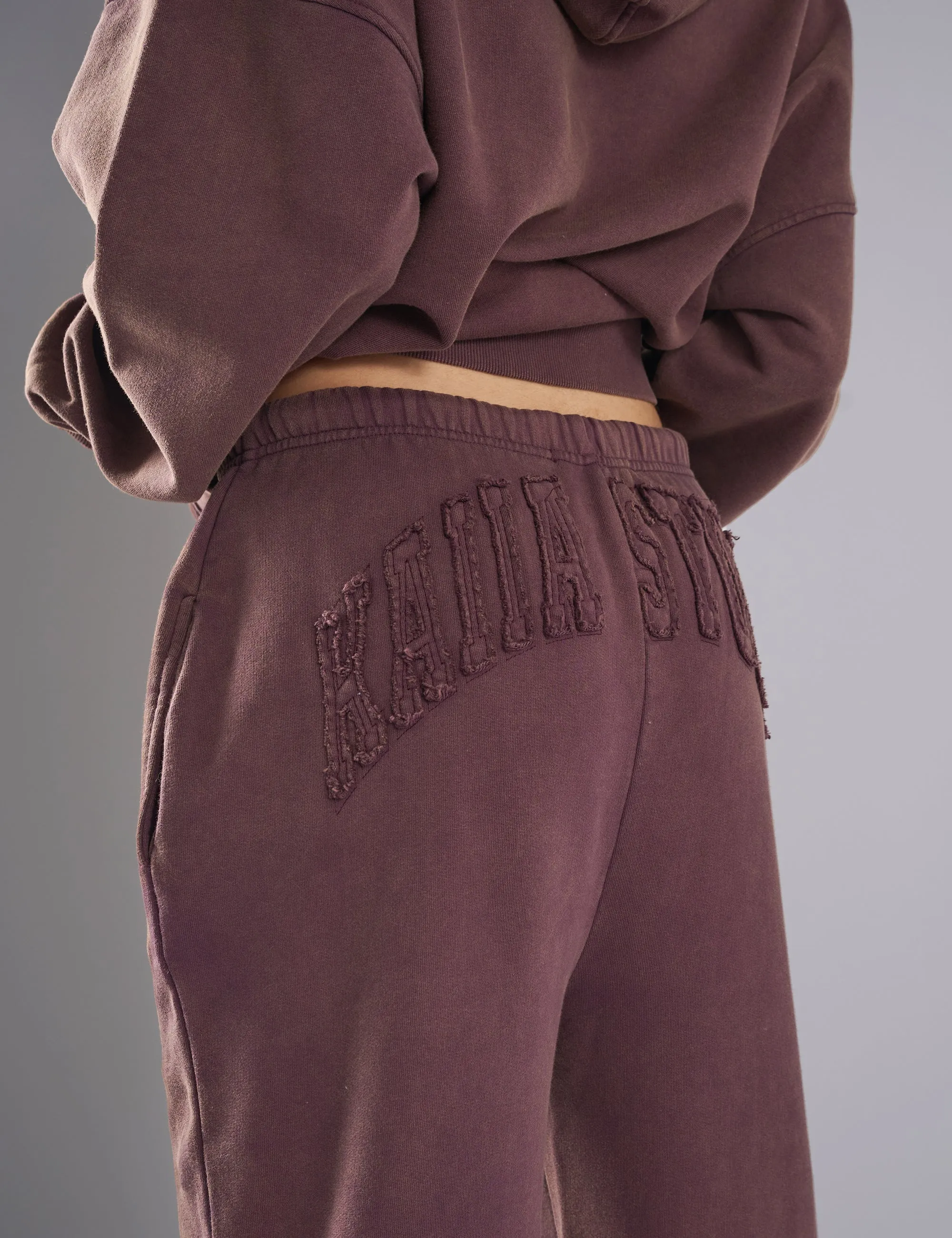 Kaiia Studio Distressed Applique Wide Leg Sweat Pants Plum