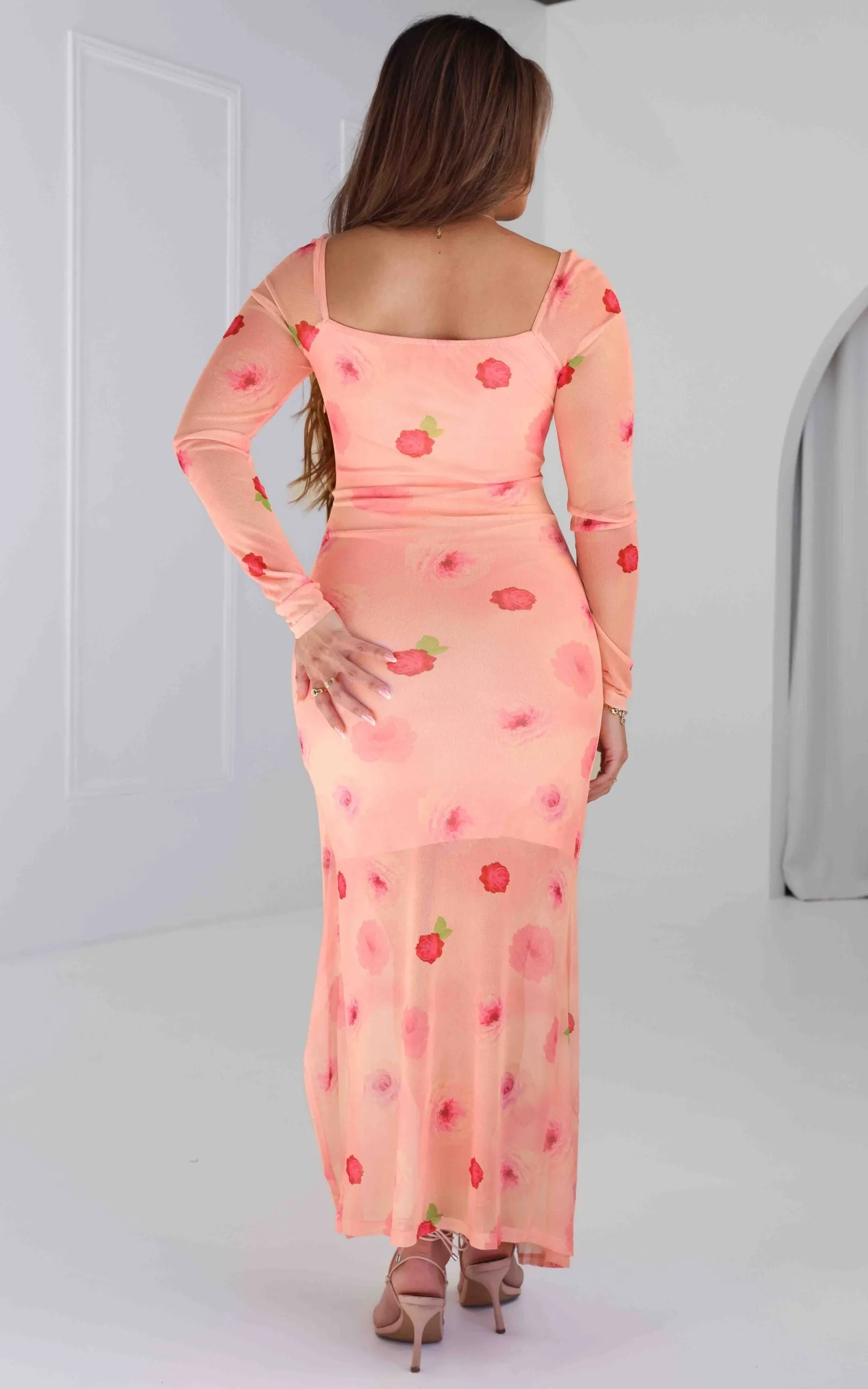 Kaisanna Mesh Maxi Dress - Peach Pink Floral