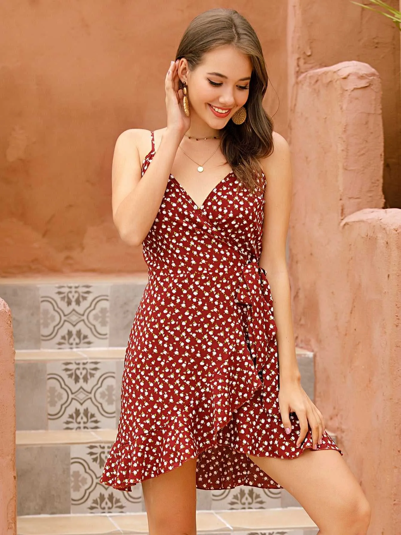 KittenAlarm - Ditsy Floral Print ruffled hem Knot Side Wrap A-line Cami Dress Polka