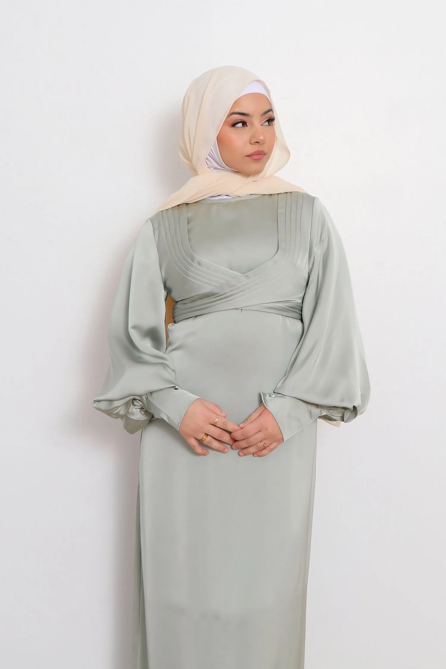 Laura Wrap Satin Dress- Sage