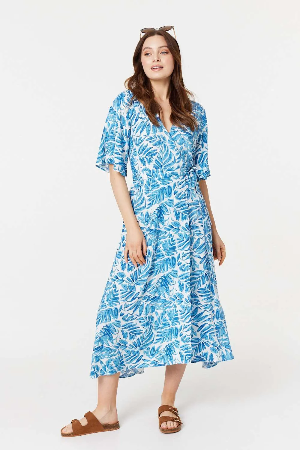 Leaf Print 1/2 Sleeve Wrap Dress