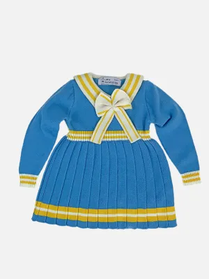 Little Surprise Box Blue & Mustard Big Bow & Stripes Sailor neck Winterwear Frock for girls