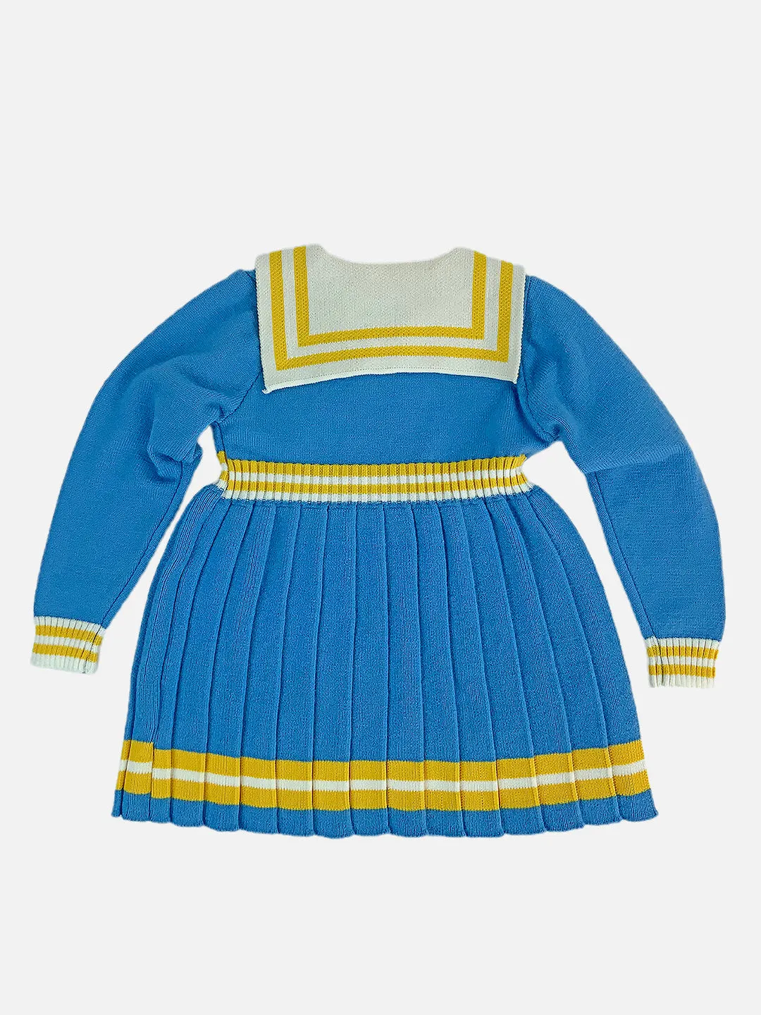 Little Surprise Box Blue & Mustard Big Bow & Stripes Sailor neck Winterwear Frock for girls