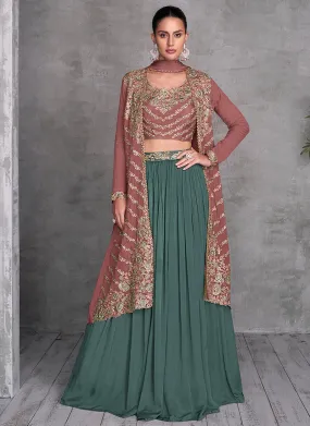 Mauve And Green Embroidered Jacket Style Lehenga Choli