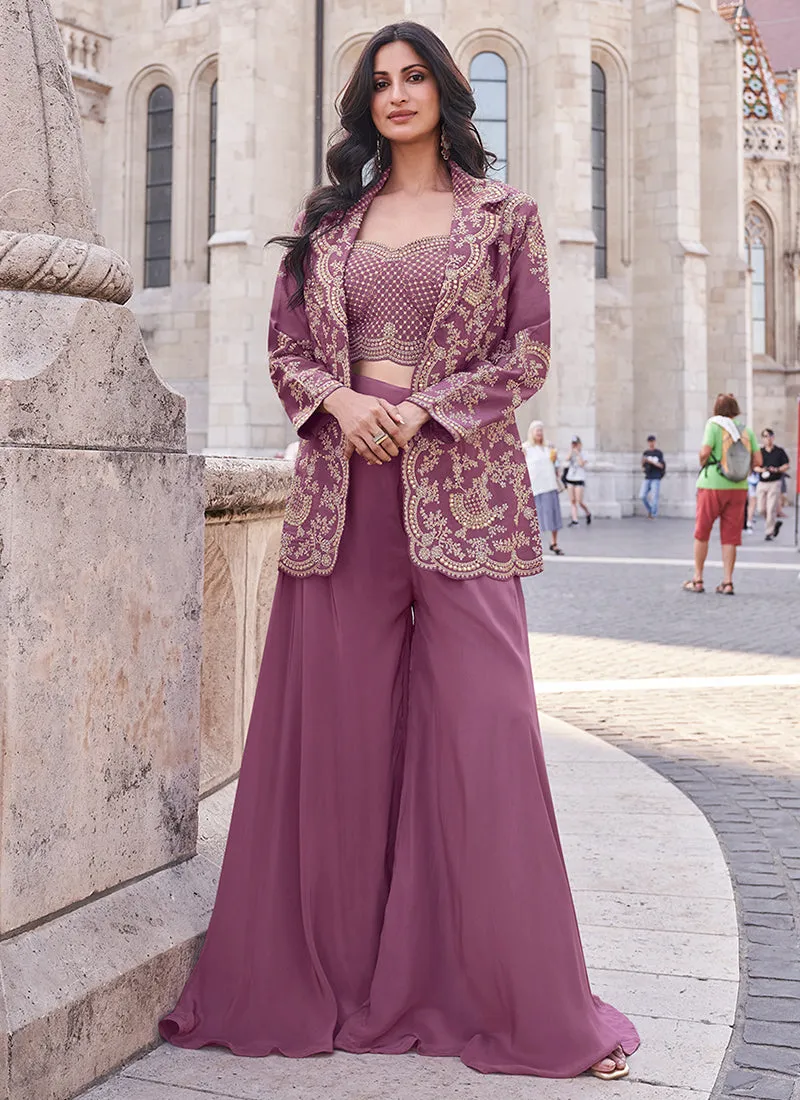 Mauve Embroidered Jacket Style Designer Palazzo Suit