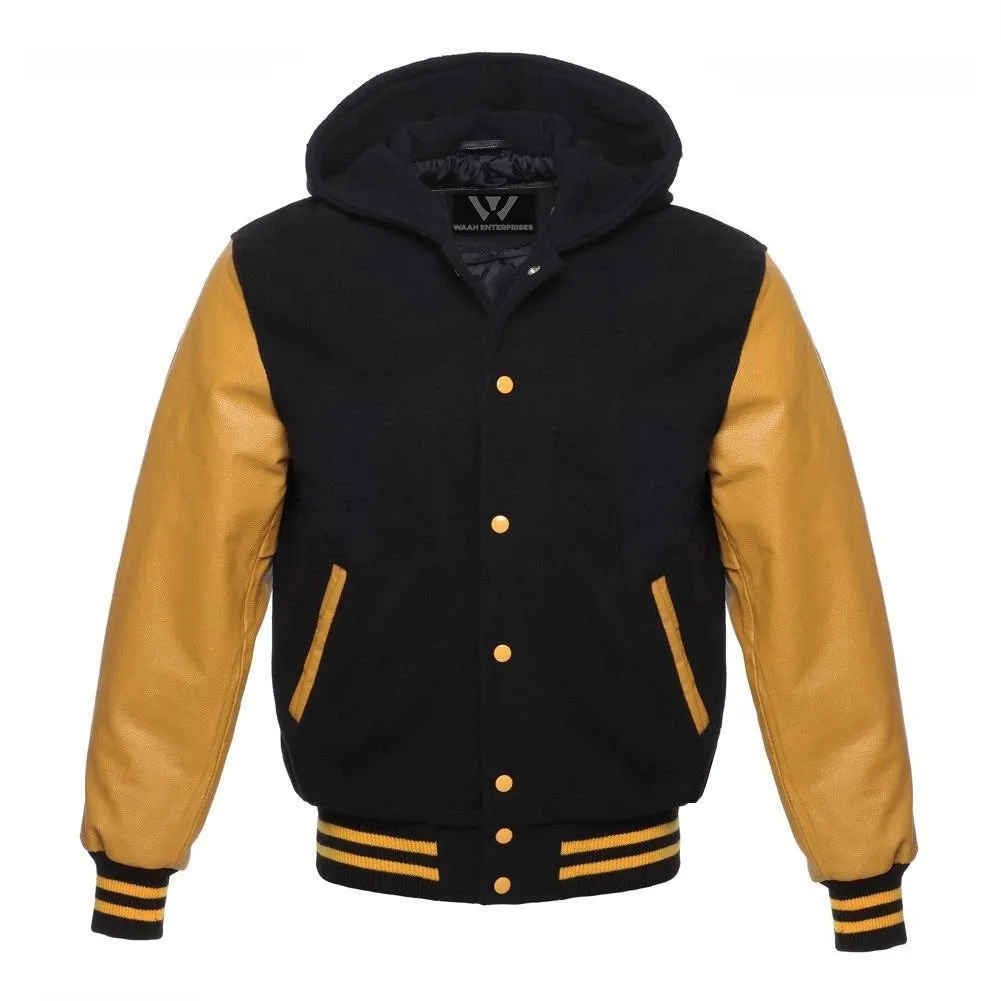 Men's Letterman Varsity Bomber Jacket with Striped Rib & Genuine Leather Sleeves - Yellow/Black