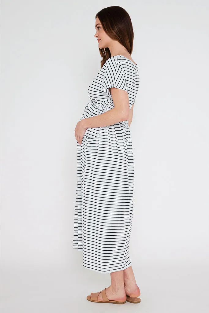 Mila Maxi Maternity Dress - White & Black Stripe