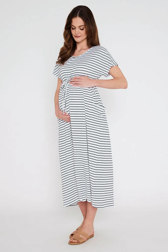 Mila Maxi Maternity Dress - White & Black Stripe